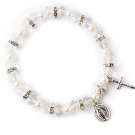 HanlinCC Women's Beaded Stretch Rosary Bracelet with Crucifix and Miraculous Medal (White)
