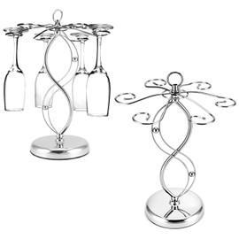 QWORK Elegant Scrollwork Metal Wine Glass Holder with 6 Rotatable Hooks, Gold Finish, Tabletop Countertop Storage Stand, 13.75" H x 10.25" Dia - Perfect for Home, Restaurant, Bar