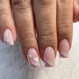 Valentine's Day Square Press on Nails Medium - Glitter French Tip Press on Nails White Heart Patterns Pink Fake Nails Full Cover False Nails Glossy Stick on Nails for Women Girls, 12 Sizes, 24PCS