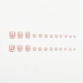 24 Pcs White French Press on Toenails-DZPGUONIZ Nude Press ons Nail Art Manicure Pink Cute Fake Toe Nails Glue on Nails 5D Bow Rhinestones Design Full Cover Artificial Acrylic Toe Nails for Women Tips