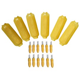 FingerLakes 18 Piece Corn Cob Holders and Dish Set - Set of 6 Corn on the Cob Dishes and 12pc. Jumbo Soft grip Corn on the Cob Holders/Skewers