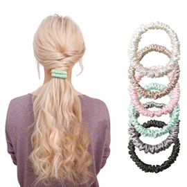 Chloven Mulberry Silk Scrunchies for Women - 6 Pack Skinny Hair Ties for Curly Hair Satin Scrunchies for Girls, Elastic Ponytail Holders Soft Band for Women, Girls Hair Care