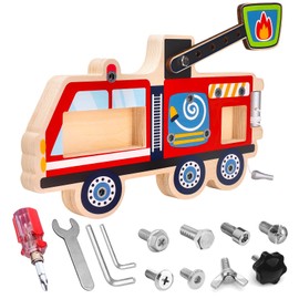 Fire Engine Wooden Toy with Screws and Tools - Montessori Learning Toy from 3 Years - Motor Skills Toy for Screwing - Gift for Boys and Girls