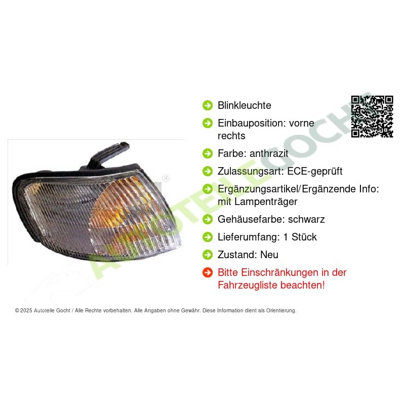 Corner Light Indicator Anthracite Offside Fits NISSAN Almera Saloon 1998-2000