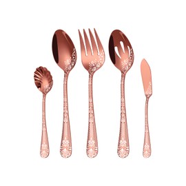 EUIRIO Stainless Steel Copper Serving Utensils Large Serving Spoon Set Serving Fork Slotted Spoon Buffer Knife and Sugar Spoon Kitchen Party Supply (Rose Gold,5 Pieces)