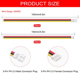 Lyeteung 20 Pairs JST 2.0 PH 3 Pin Connectors, Mini Micro JST PH 2.0 mm 3-Pin Female and Male with 150 mm 22AWG Cable Wire