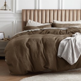 Bedsure Cotton Duvet Cover Queen Size - 100% Cotton Waffle Weave Brown Duvet Cover Queen Size, GentleSoft™ and Breathable Bedding Set for All Season, 3 Pieces, 90"x90"
