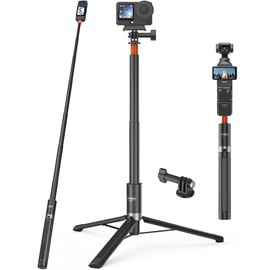 147cm Selfie Stick Tripod for Insta360 X5/X4/X3/Ace Pro 2/GO 3S/GO Ultra, DJI Osmo 360, All GoPro Cameras Lightweight 8-Level Telescoping Extra Long Selfie Stick Compact Travel Tripod Hand Grips