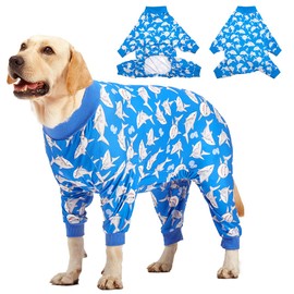 LovinPet Large Dog Pjs, UV Protection, Pet Anxiety Relief Onesies, Lightweight Stretchy, Blue Shark Print Dog Clothes, Undershirt for Dog Sweaters and Coats, Large Breed Dog Pajamas, Pet PJ's/Medium