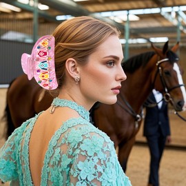 PHALIN Kentucky Derby Hair Claws for Women Riding Suit Hair Claw Clips Large Pink Oval Crystal Acetate Hair Clips Kentucky Derby Outfits Accessories Gifts (Pattern A)