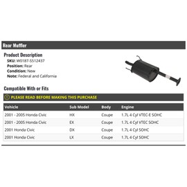 Marketplace Auto Parts Rear Muffler - Compatible with 2001-2005 Honda Civic Coupe 1.7L 4-Cylinder SOHC