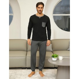 Marvmys Mens Pyjamas Set Long Sleeve Cotton Top & Bottom Pants With Pockets Soft Crew Neck Loungewear Nightwear Pjs
