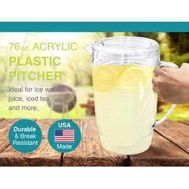 Arrow Home Products Clear Plastic Beverage Pitcher with Lid, 76 Ounce - Thick-Walled Modern Coil Design, Made in The USA - Fill with Ice Water, Iced Tea or Juice - BPA Free, Dishwasher Safe