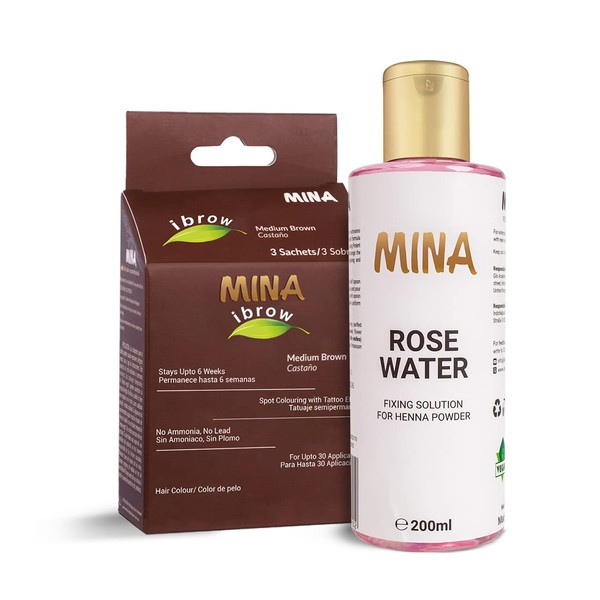 MINA ibrow Long Lasting Henna Colour Regular Kit with Rose Water for Henna Fixing Solution | For Spot Colouring & Touch Ups | 100% Grey Coverage (Medium Brown)