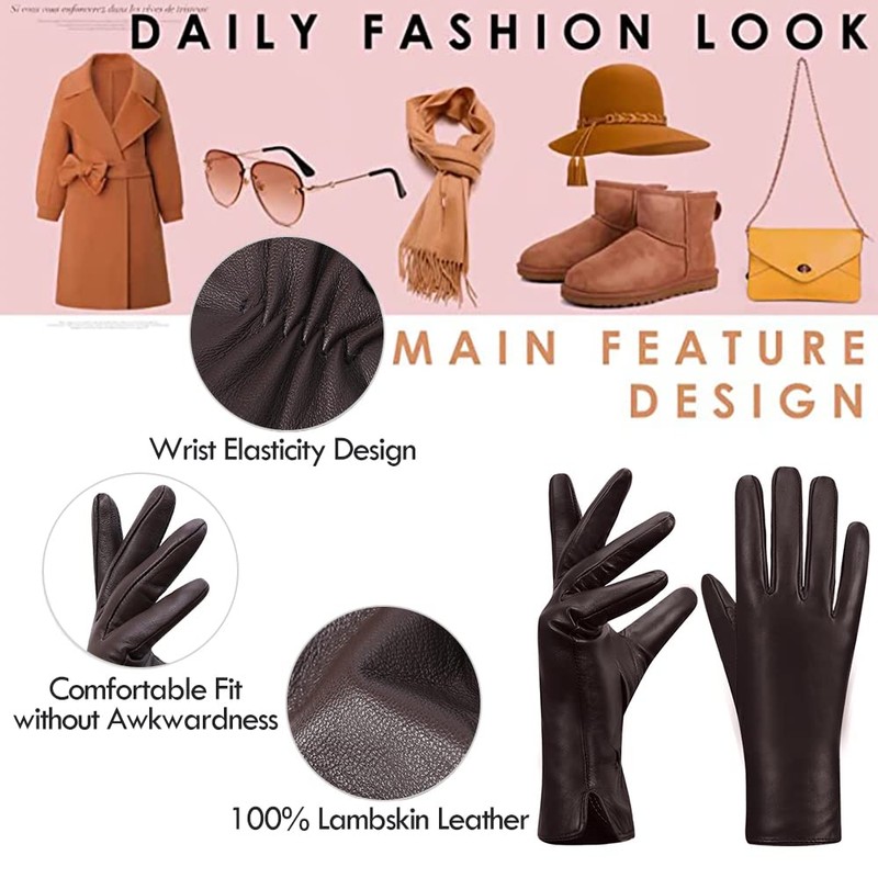 MGGMOKAY Women's Cashmere Lined Leather Gloves, Brown (Thouchscreen)