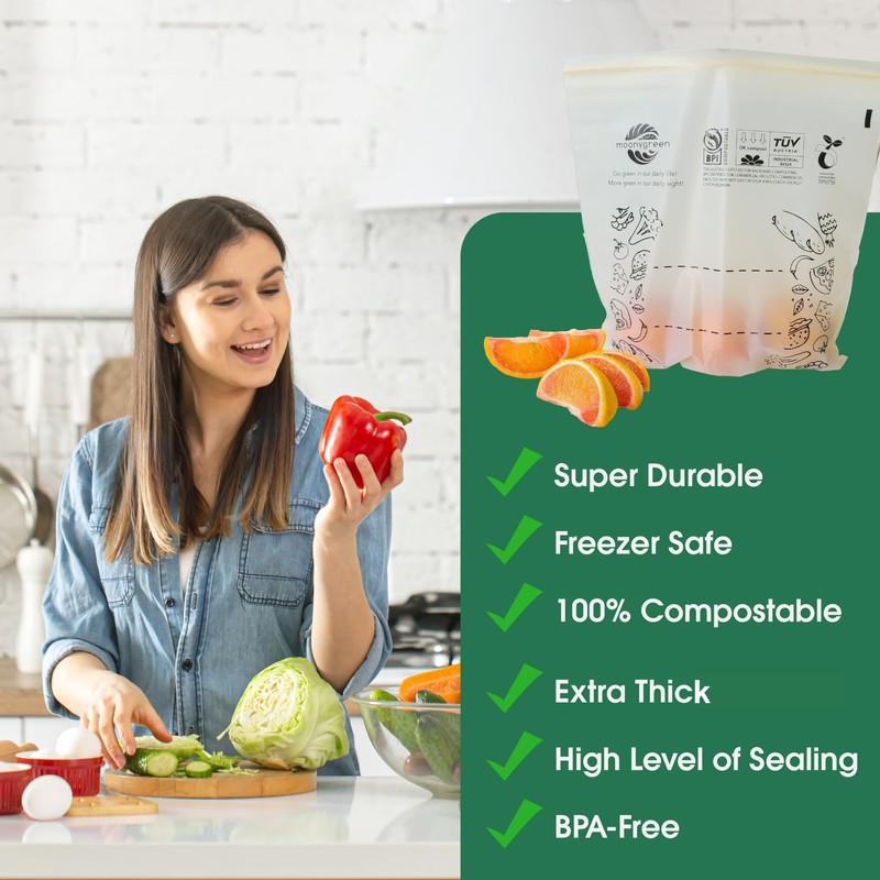 Moonygreen Compostable Food Storage Bags, Large Gallon Resealable Freezer Bags,