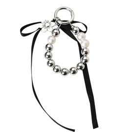 Pearl Keychain Wristlet Lanyard with Bow Silver y2k Car Key Chain Charm Accessories for Keys Purse Backpack Aesthetic Pearl Bead Clip Keychain with Flower Pendant