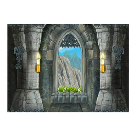 10x8ft Cartoon Fairytale Photography Backdrop Old Castle Vinyl Rustic Arch Stone Window Candles Flowers Remote Mountains Background Photo Shoot Landscape Wallpaper Studio Props