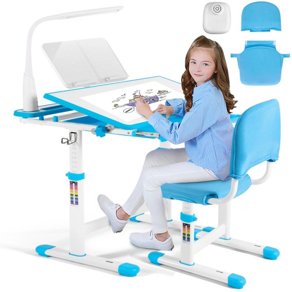 COSVALVE Height Adjustable Kids Study Desk Table Chair Set w/Lamp,Drawer,