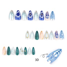 EYZOTSF Press on Nails Almond Medium Length Acrylic French Almond Shaped False Nails with Designs Artificial Medium Fake Nails with Charms Glue Stick ons Fingernails for Women Girls(JP3646)