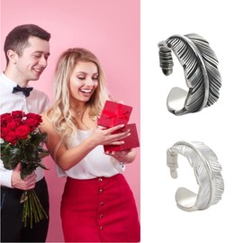 Akalimo Hug Wings Ring Couple Ring Angel-Wings Feather Ring Sets Open Adjustable Retro Copper Plume Ring Guardian Eternity Ring Vintage Men Women Feather Ring Valentines Day Jewelry Gifts for Lovers