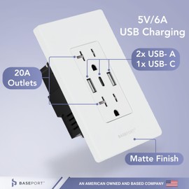 BASEPORT Premium Wall Outlet with USB Ports - Duplex 125V 20 Amp Outlet, 5V/6A USB Outlets Receptacles, 2 USB-A, 1 USB-C, Single Gang White Faceplate, 3 Pack