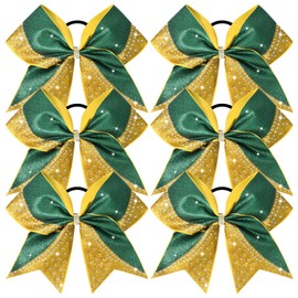 6PCS Glitter Cheer Bow Large Cheer Bows Rhinestones Hair Bows Girls 8"Cheerleading Bows Bulk Elastic Band Ponytail Holder for Teen Girls College Sports Competition Green Gold