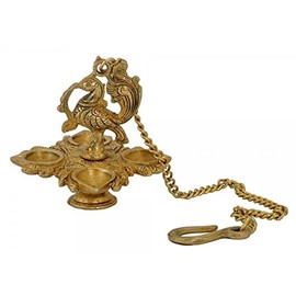Zap Impex Traditional Peacock 4 in 1 Hanging Brass Diya with 15" Chain | Deepak | Oil Lamp | Home Décor | Spritiual Gift