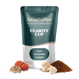 AdapCoffee – Clarity Cup – Mushroom Coffee/Pilzkaffee – Instant-Kaffee mit adaptogenen Pilzen (Lion’s Mane, Reishi, Maitake) – Fokus & Vitalität – mit feinem Kakaogeschmack – 200 g (50 Tassen)