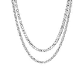 Steeltime Stainless Steel Franco Chain Link + Singapore and Cuban + Rope Double Chain Layered Necklace Stack (Singapore + Franco Chain, Silver)