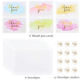 Thank You Cards, Pack of 12 Watercolour Greeting Cards with Envelopes and Sticker Set, Thank You Cards, Folding Cards, Greeting Cards for Wedding, Birthday, Baby, Christening Party (15 x 10 cm)