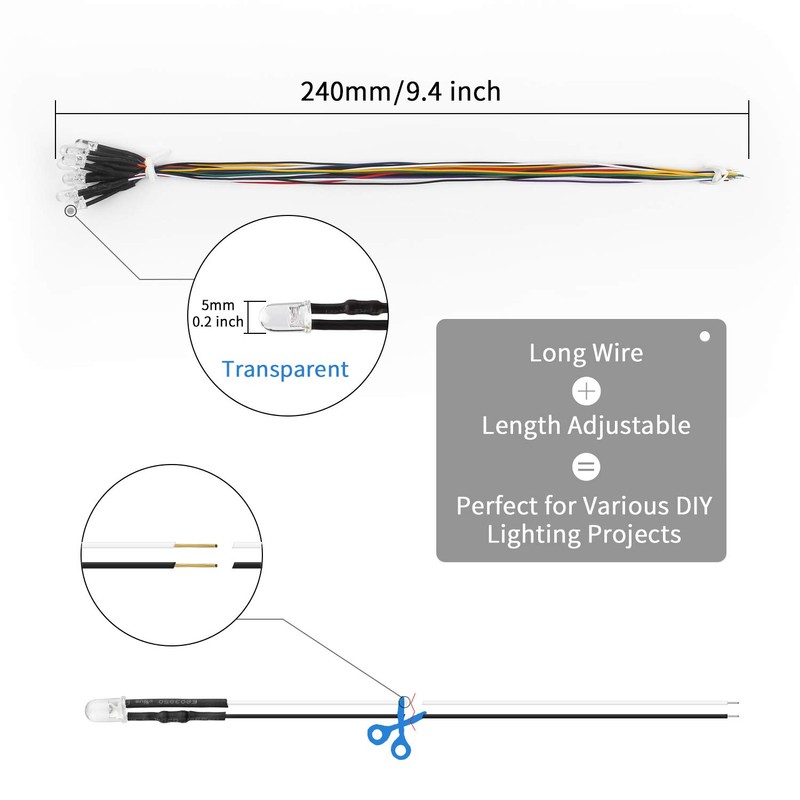 DiCUNO 100pcs(10 colors x 10pcs) 5mm 12V Prewired LED Light