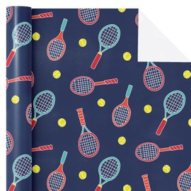 WRAPAHOLIC Tennis Wrapping Paper Roll - Mini Roll - 17 Inch x 16.5 Feet - Tennis Racket and Ball Design Gift Wrap for Boys Girls, Birthday, Sports Party, Coach Gift