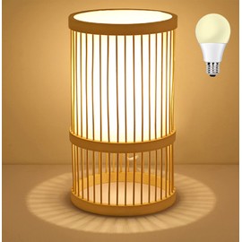 AFORTLO Table Desk Lamp,Bamboo Boho Decorative Nightstand Night Light Japanese Hollow-Out Lamp Home Decor for Bedroom,Living Room,End Table or Office with Bulb