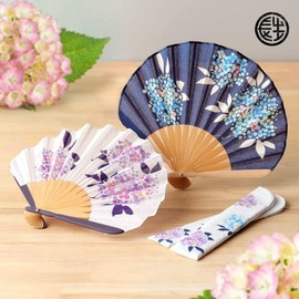 Osaka Choseido Folding Fan, Women's, Stylish, Business, Folding Fan Bag, Handkerchief Included, Hydrangea, navy
