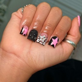 Black Press on Nails Short Square Fake Nails with Design Pink Star French Tip False Nails Artificial 3D Drip Gel Glue ons Acrylic Nails Full Cover Stick on Nail for Women 24 Pcs Nail Supplies