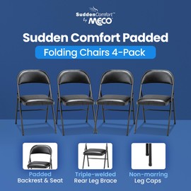MECO Sudden Comfort Tubular Steel Frame and Deluxe Fabric Padded Folding Chair in Black Lace Frame and Black Seat and Back (4 Pack)