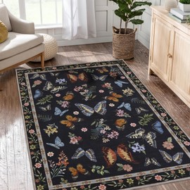 Insect Floral Area Rug for Living Room 5x7 Machine Washable Area Rug Non-Slip Low Pile Large Bedroom Rug Stain Resistant Throw Rug Carpet for Nursery Dining Room Kids Playroom Office Black