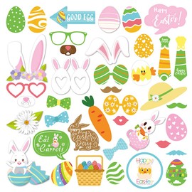 33Pcs Easter Photo Booth Props Kit, PERFQU Easy DIY Needed Easter Photo Booth Props Kit for Easter Party Decor Supply with Hat, Glasses, Lips, Mustaches and More Party Favor Accessories
