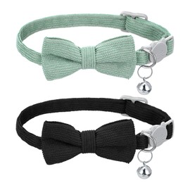 2 Pcs Kitten Collars, Soft Corduroy Small Cat Collar with Bell and Bow Tie, Adjustable Breakaway Safety Kitten Collars for Pets (Black and Green)