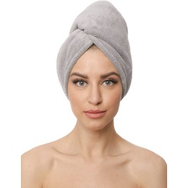 ProudCo. - Toalla de Microfibra para Cabello - Secado de Pelo Rápido - Turbante Absorbente de Agua para Mujeres - Gorro Suave de Baño con Botones - Ultra Calidad - Premium - (Gris)