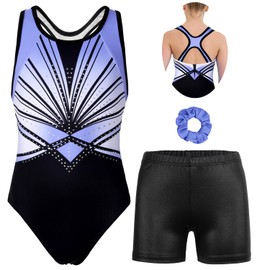 MODAFANS Gymnastics Leotards for Girls With Shorts Tumbling Dance Combined Racerback Activewear 6-7Years,Haze Blue Diamond