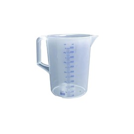 Hünersdorff measuring cup, shatter-proof, particularly temperature-resistant, coloured scale, food safe, made of polypropylene (PP), open handle, transparent