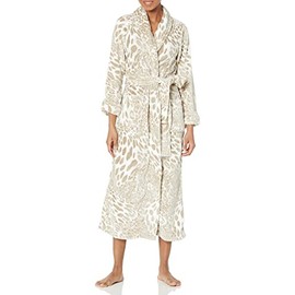 Natori Women's Plush Leopard Robe Length 52", Sand Taupe, Small