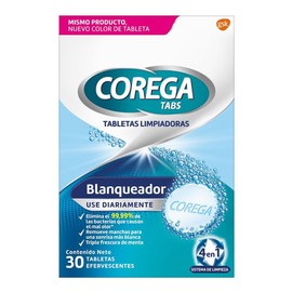 Corega Tabs Blanqueador, Limpiador de Prótesis Dentales, 30 Tabletas Efervescentes