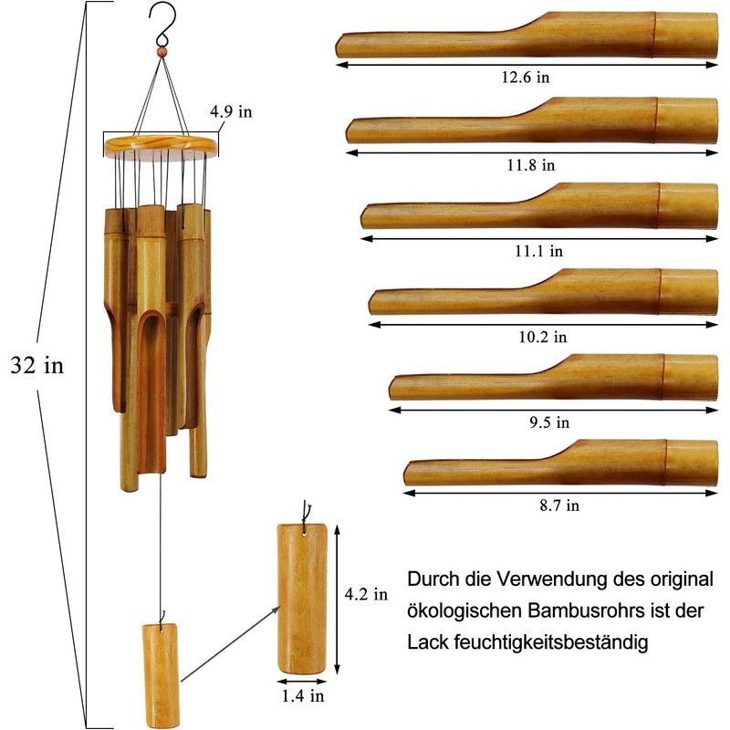 Bamboo Wind Chimes Outdoor,Wooden Wind Chimes with Melody Deep Tone,30"