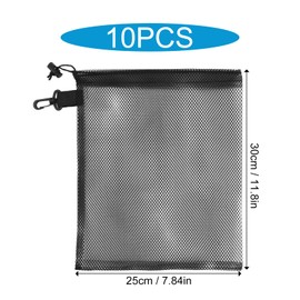 PTJJXA Pack of 10 Black Mesh Bags with Drawstring Nylon Fabric Bag with Drawstring Golf Ball Mesh Shoe Bag Laundry Bag Storage Bag for Beach Toy Basketball Football, m, vacation