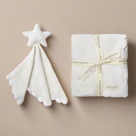 MakeMake Organics GOTS Certified Organic Cotton Baby Boys Girls Hand-Scalloped Knitted Baby Blanket with Star Shape Lovey for Babies Gift Set - Ivory, 30"x40"