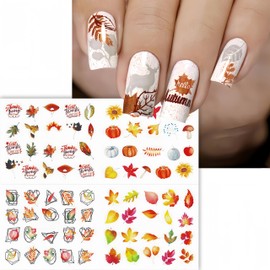 12Pcs Fall Nail Art Stickers, Autumn Nail Art Water Decals Transfer Nail Supplies Thanksgiving Cute Maple Leaves Turkeys Pumpkins Acrylic Nail Accessories Manicure DIY Nail Art Decoration for Women