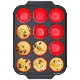 BRONYPRO Silicone Muffin Pan with Metal Frame, Egg Bite Maker Silicone Molds for Baking, Cupcake Pans 12 Regular Size, Muffin Tins Easy to Pop Nonstick Non Toxic Bakeware for Oven, Red